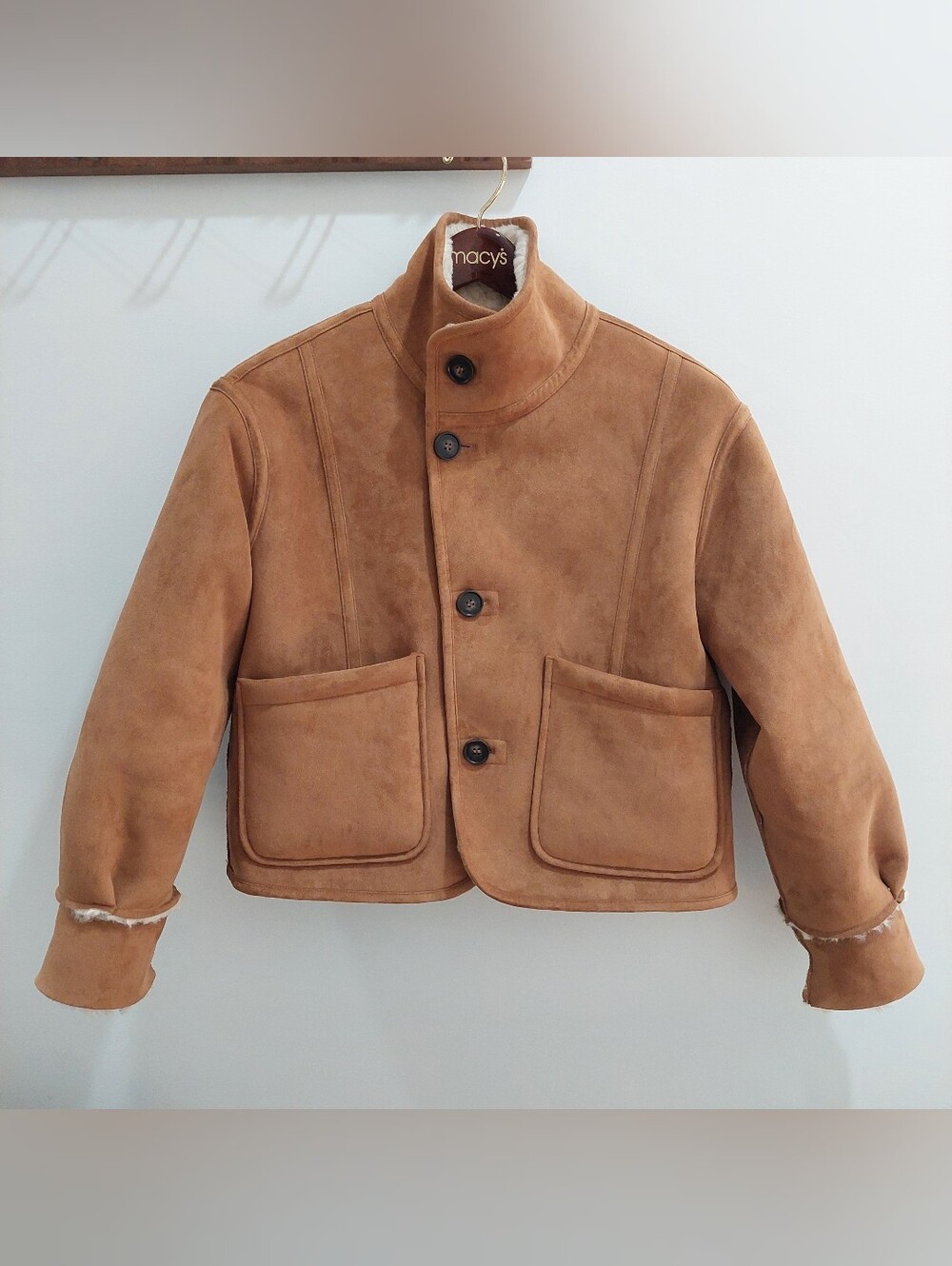 Zara Small Double Faced Cream Teddy Faux Shearling Jacket with Tan Trim - Picture 4 of 16